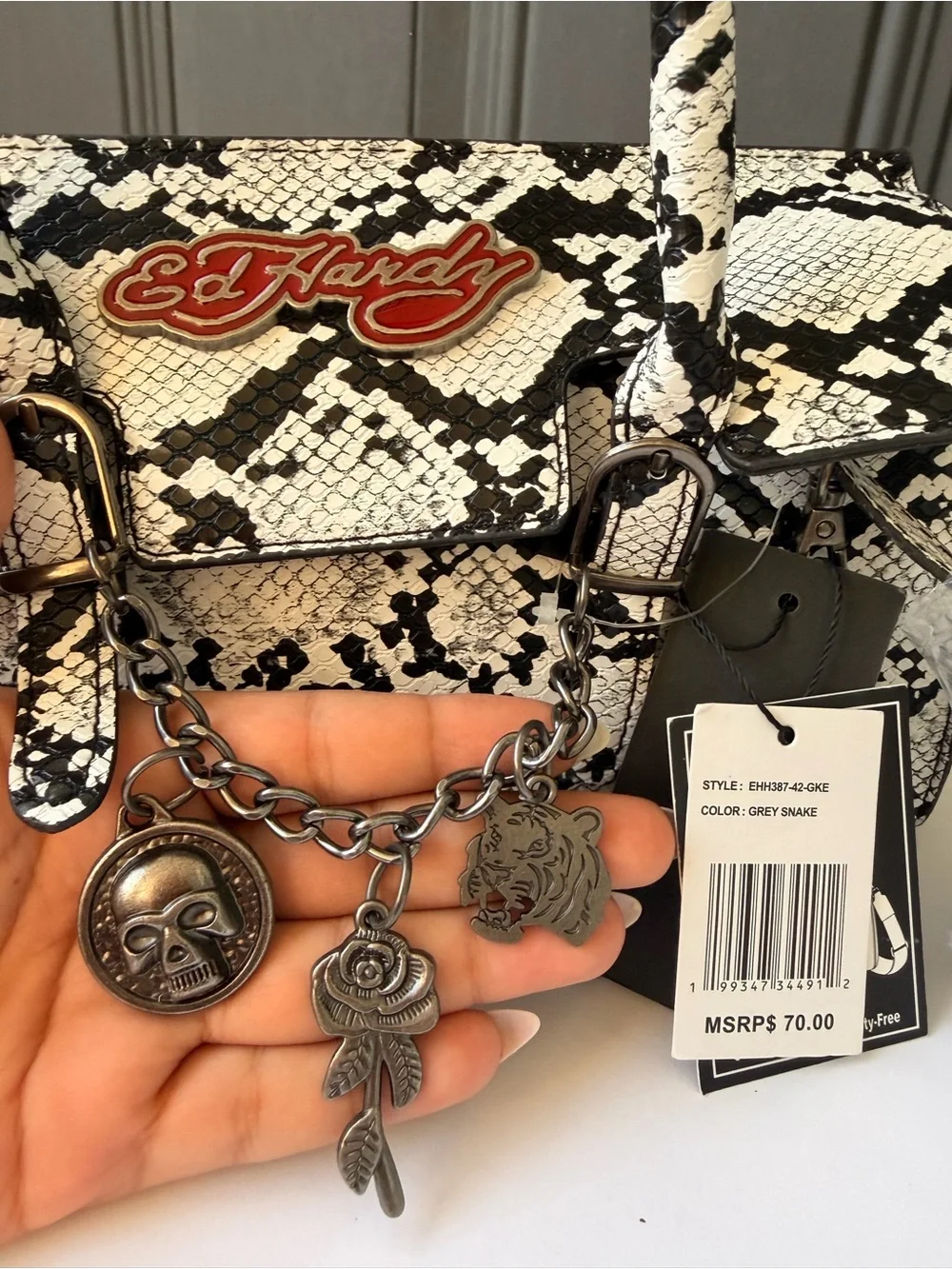 Ed Hardy White & Black Snake-Print Satchel with Charm Accents